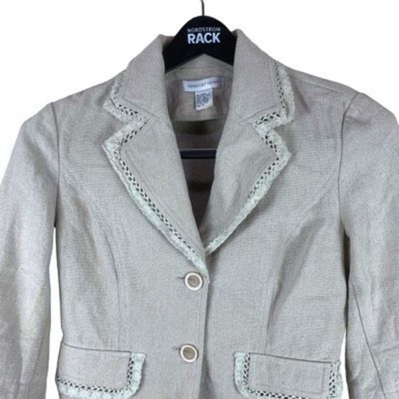 Newport News Women’s Sz 8 Cream Linen Cotton 2 Button Lace Fringe Blazer - Picture 2 of 12